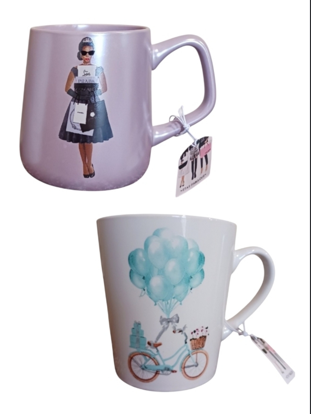 (2) Amanda Greenwood Luxury Homage Mugs Fashionista Bicycle Balloons